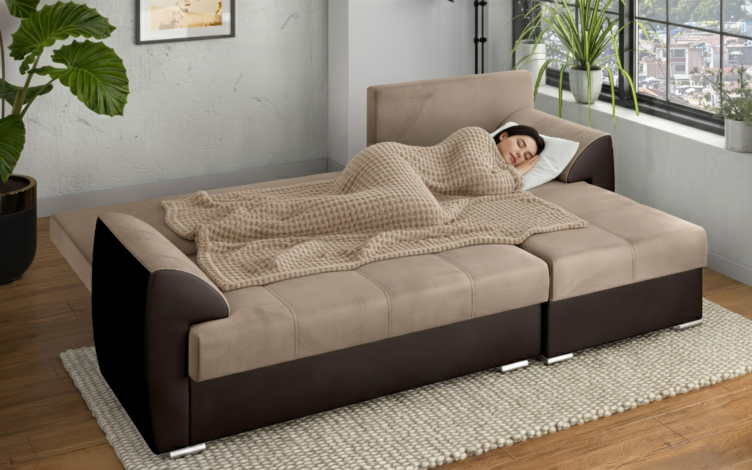 Extendable corner sofa Deman, beige + brown leather  5